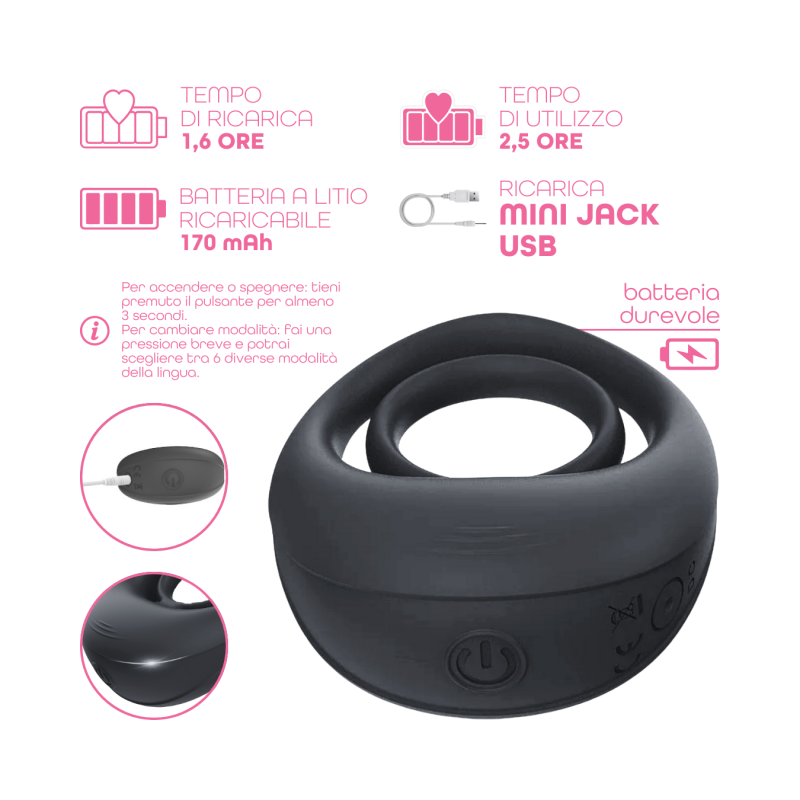 Anello Fallico Vibrante per Pene Stimolatore Clitoride Ritardante in Silicone USB