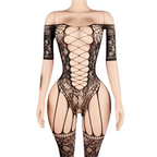 Bodystocking Sexy Donna Nero Catsuit in Rete Effetto Corsetto e Calze Lingerie
