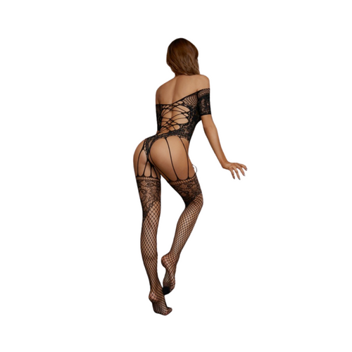 Bodystocking Sexy Donna Nero Catsuit in Rete Effetto Corsetto e Calze Lingerie