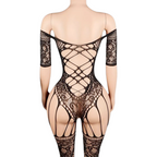 Bodystocking Sexy Donna Nero Catsuit in Rete Effetto Corsetto e Calze Lingerie