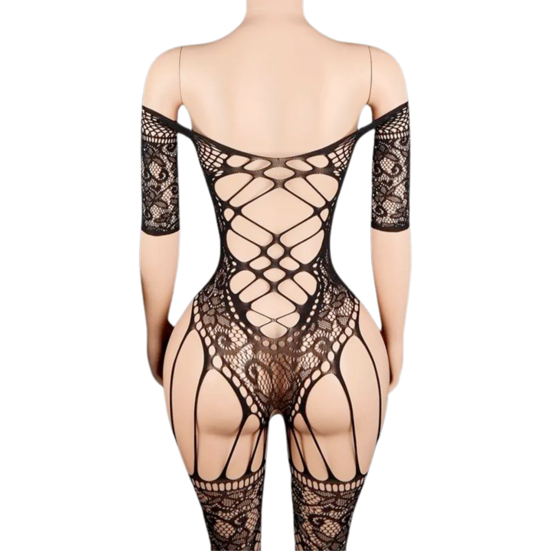 Bodystocking Sexy Donna Nero Catsuit in Rete Effetto Corsetto e Calze Lingerie