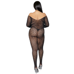 Bodystocking Sexy in Rete Catsuit Off-Shoulder con Maniche Lunghe Cavallo Aperto