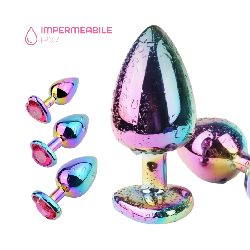 Butt Plug Anale in Metallo Rainbow con Gemma a Cuore Gioiello Cristallo Sex Toy
