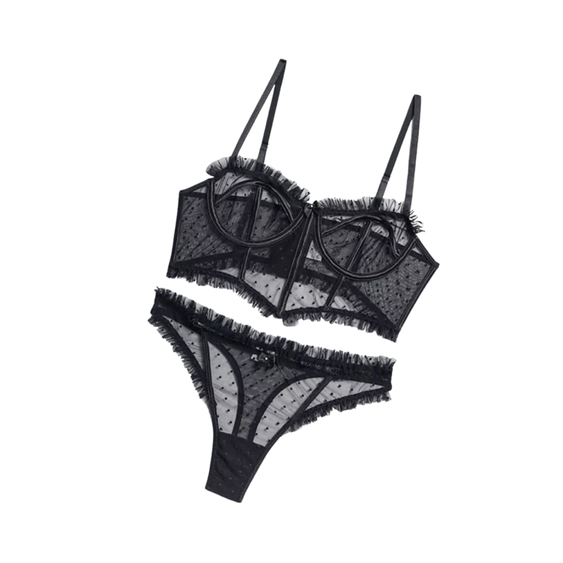 Completino Intimo Sexy Hot Lingerie in Pizzo Nero con Perizoma Reggiseno PushUp