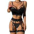 Completino Sexy Nero in Pizzo con Reggicalze Reggiseno e Perizoma Hot Lingerie