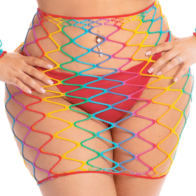 Completo Sexy Donna Rete Larga Arcobaleno Due Pezzi Trasparente con Top e Gonna