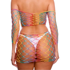 Completo Sexy Donna Rete Larga Arcobaleno Due Pezzi Trasparente con Top e Gonna